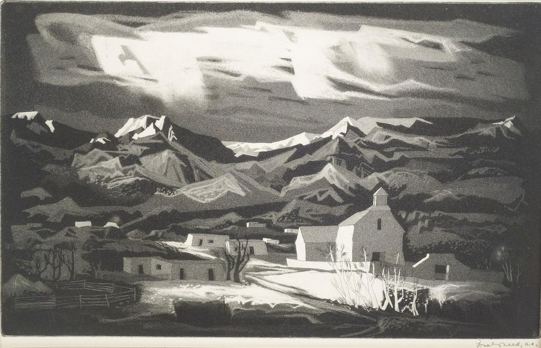 Signed Doel Reed Picuris Pueblo Winter Aquatint Print 1954 (1 of 5)