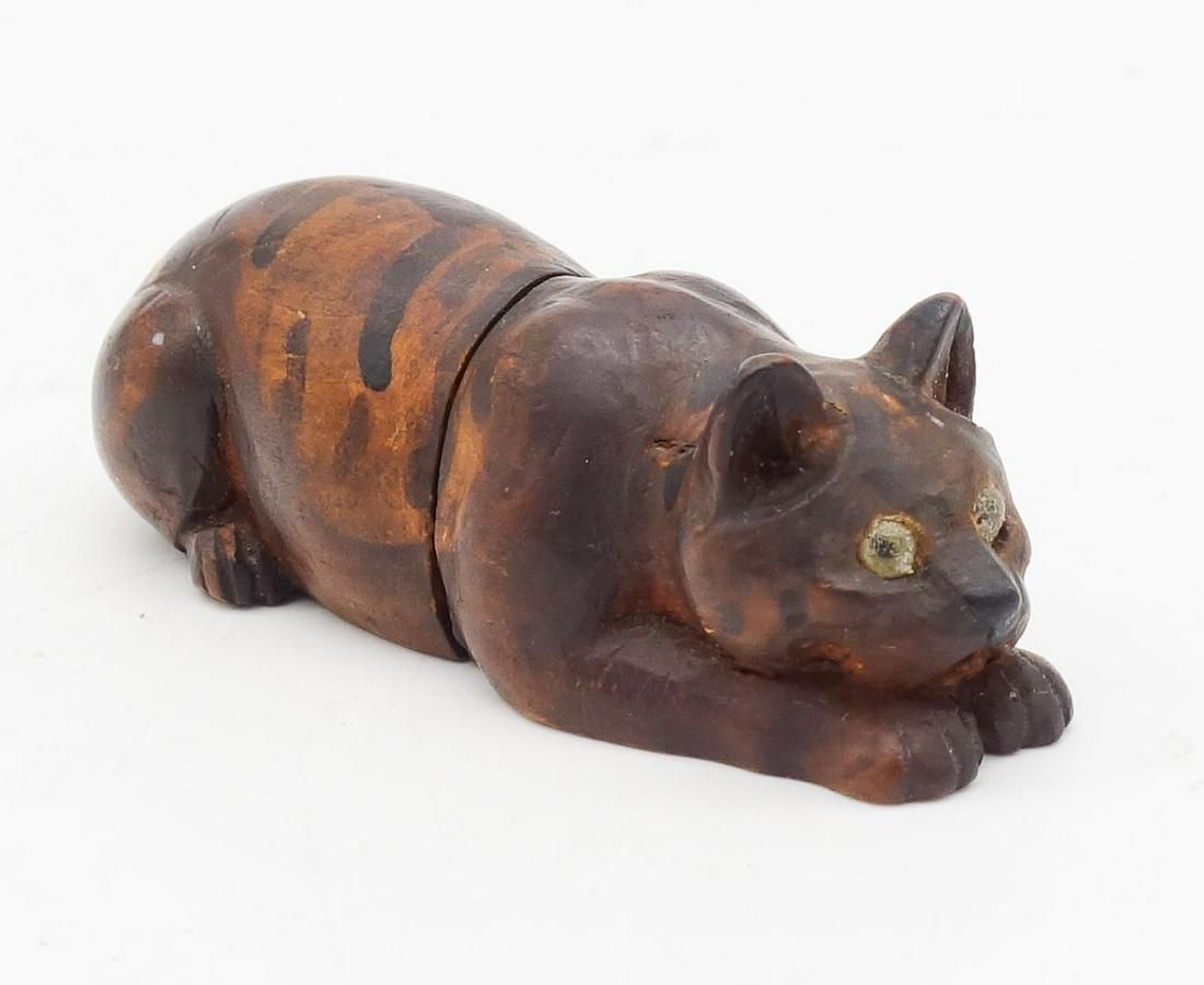 Antique 19c Carved Wooden Figural Cat Hidden Needle Case (1 of 8)