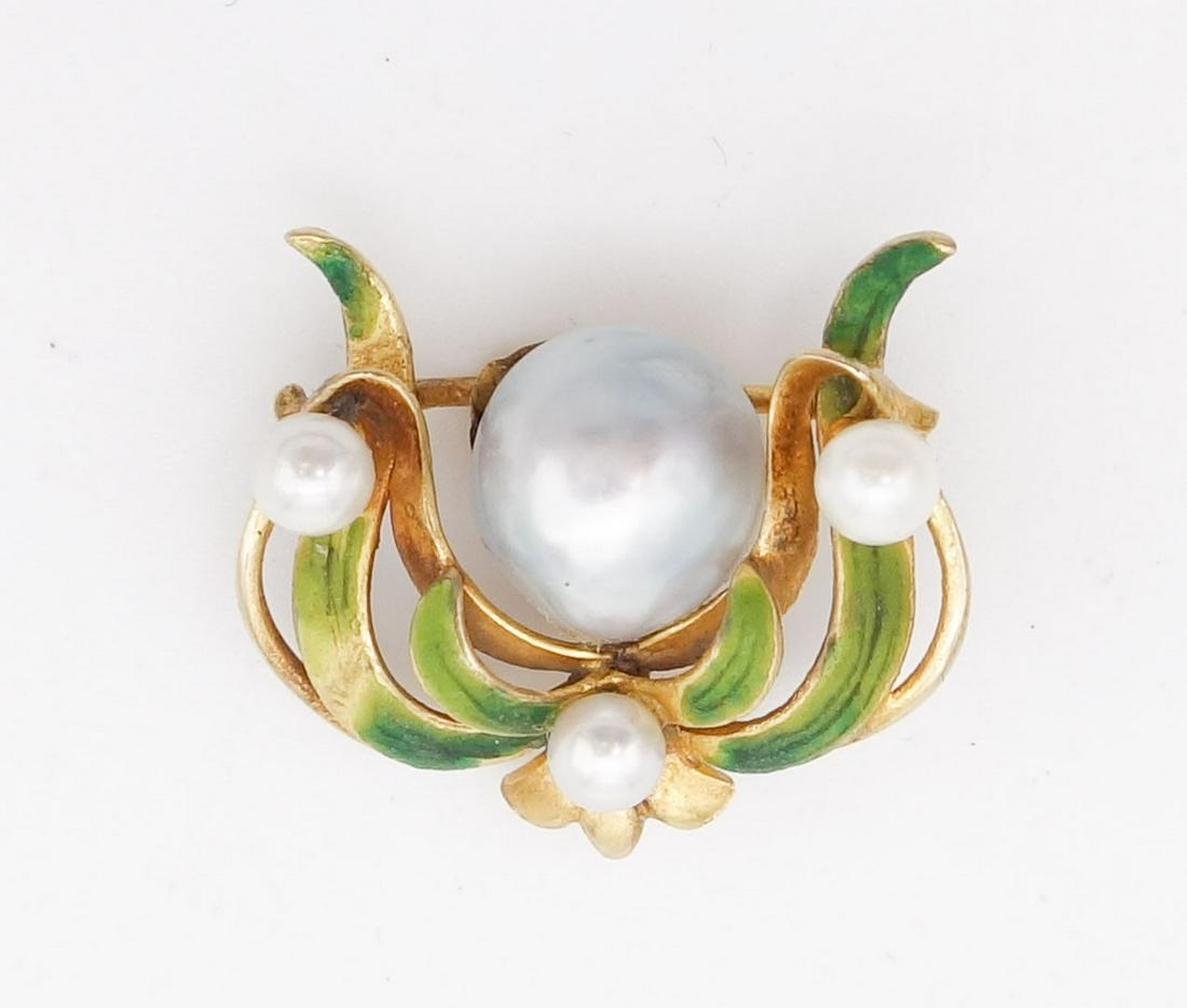 Antique Art Nouveau 14K Gold Enamel Grey Baroque Pearl Brooch Pin (1 of 2)