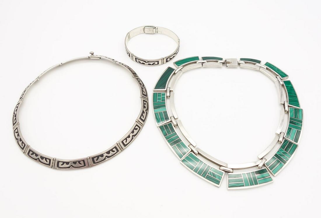 Vintage Designer Mexican Sterling Silver Lot Malachite Inlay Necklace and Necklace Bracelet Suite (1 of 7)