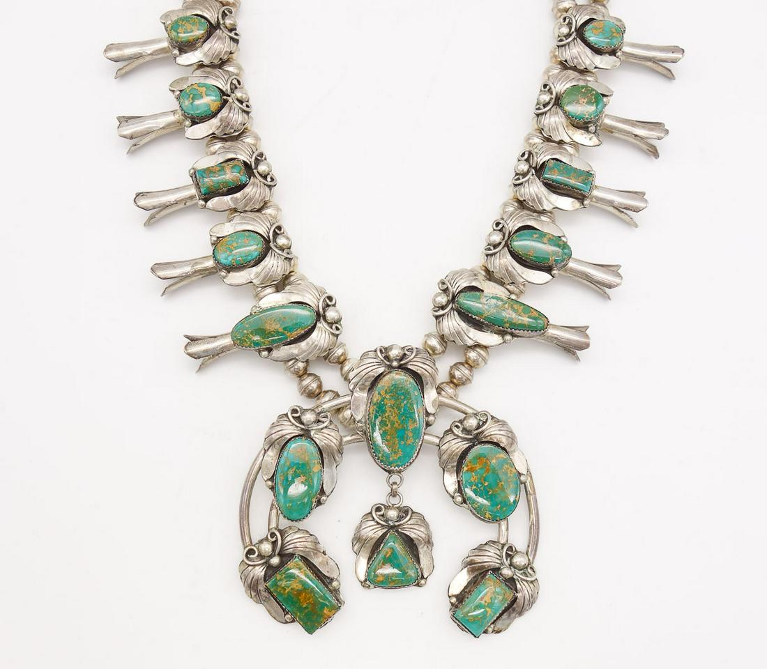 Vintage Signed "AL" Native American Navajo Sterling Silver Turquoise Squash Blossom Necklace (1 of 5)