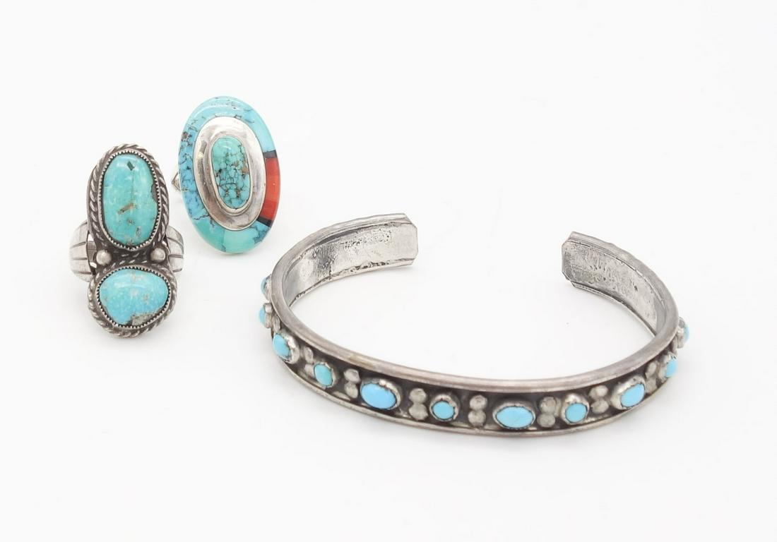 Native American Sterling Silver Jewelry incl Two Rings and Cuff Bracelet, Turquoise, Coral, Onyx (1 of 5)