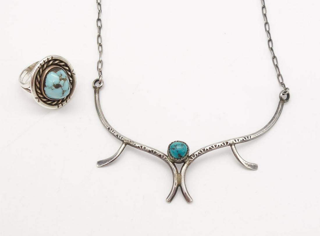 Native American Sterling Silver Turquoise Necklace and Ring (1 of 6)