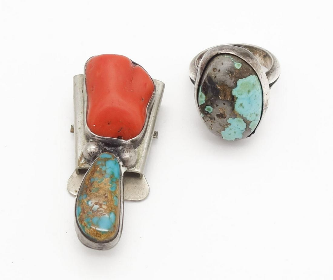 Vintage Native American Pawn Sterling Silver Ring and Bolo Tie Slide incl Turquoise, Coral (1 of 6)