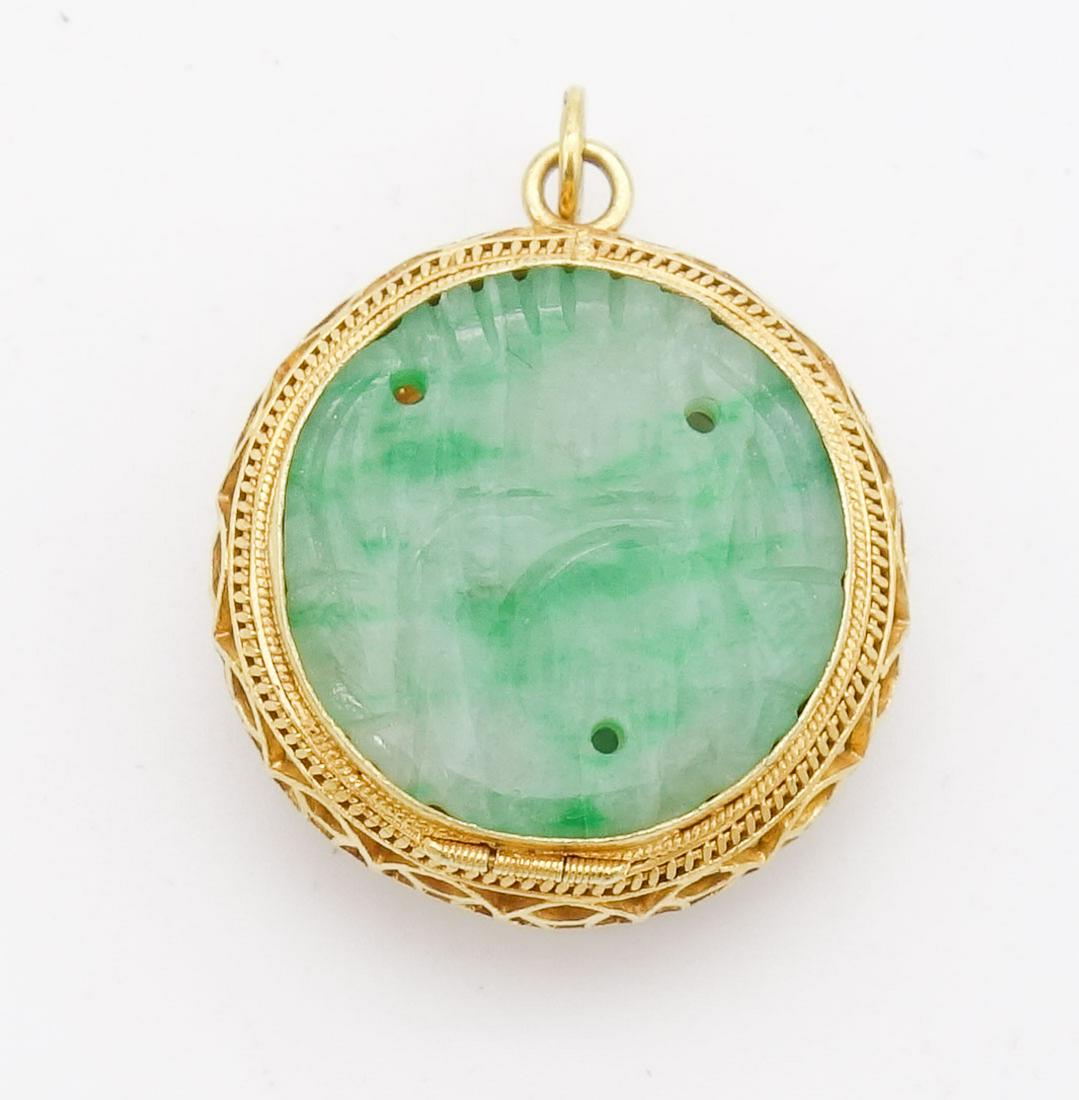 Antique Chinese 18K Gold Pierced Carved Green Jadeite Pill Box Pendant (1 of 7)