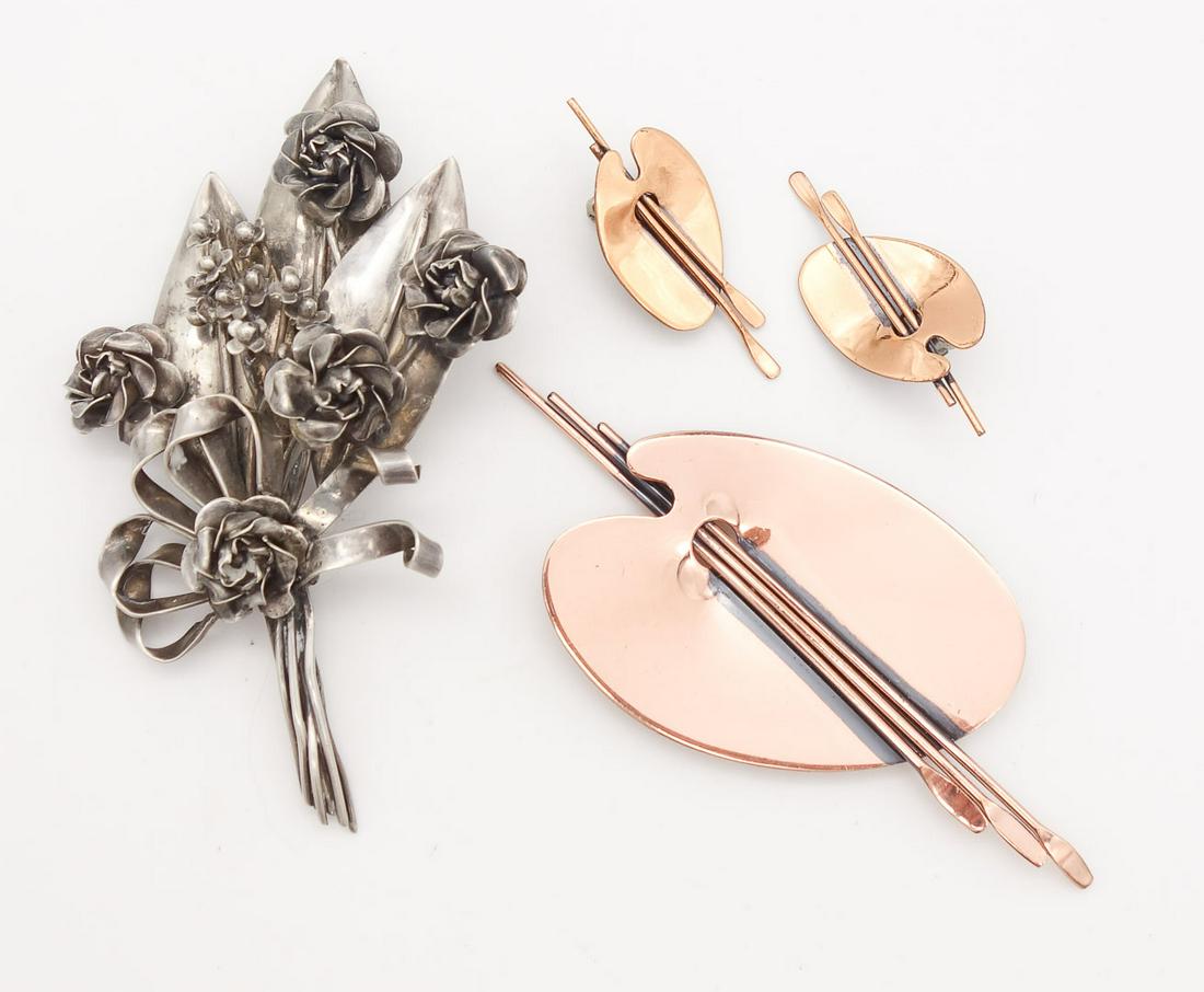 Vintage MCM Hobe Sterling Silver Floral Bouquet Brooch and Renoir Copper Painter's Palette Suite: This is a vintage lot of Mid Century Modern jewelry including a Renoir copper painter's palette brooch and earrings suite, and a sterling silver floral bouquet brooch from Hobe. From the Upstate New Y