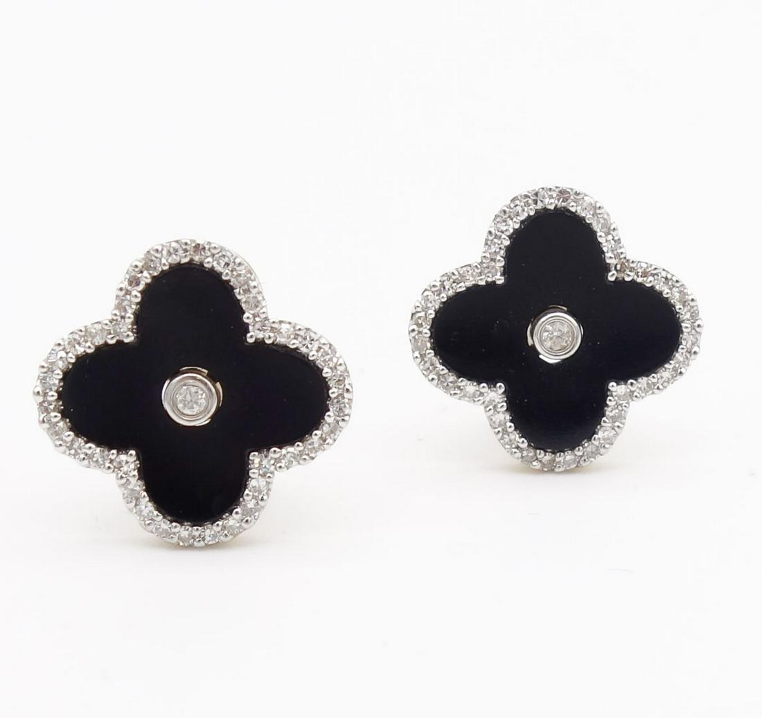 Vintage Pair 14K Gold Onyx Diamond Flower Motif Earrings (1 of 5)
