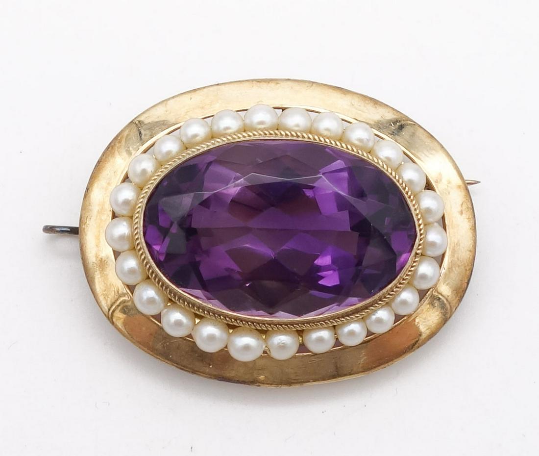 Antique Victorian 14K Gold Oval Amethyst Pearl Brooch Pin (1 of 3)