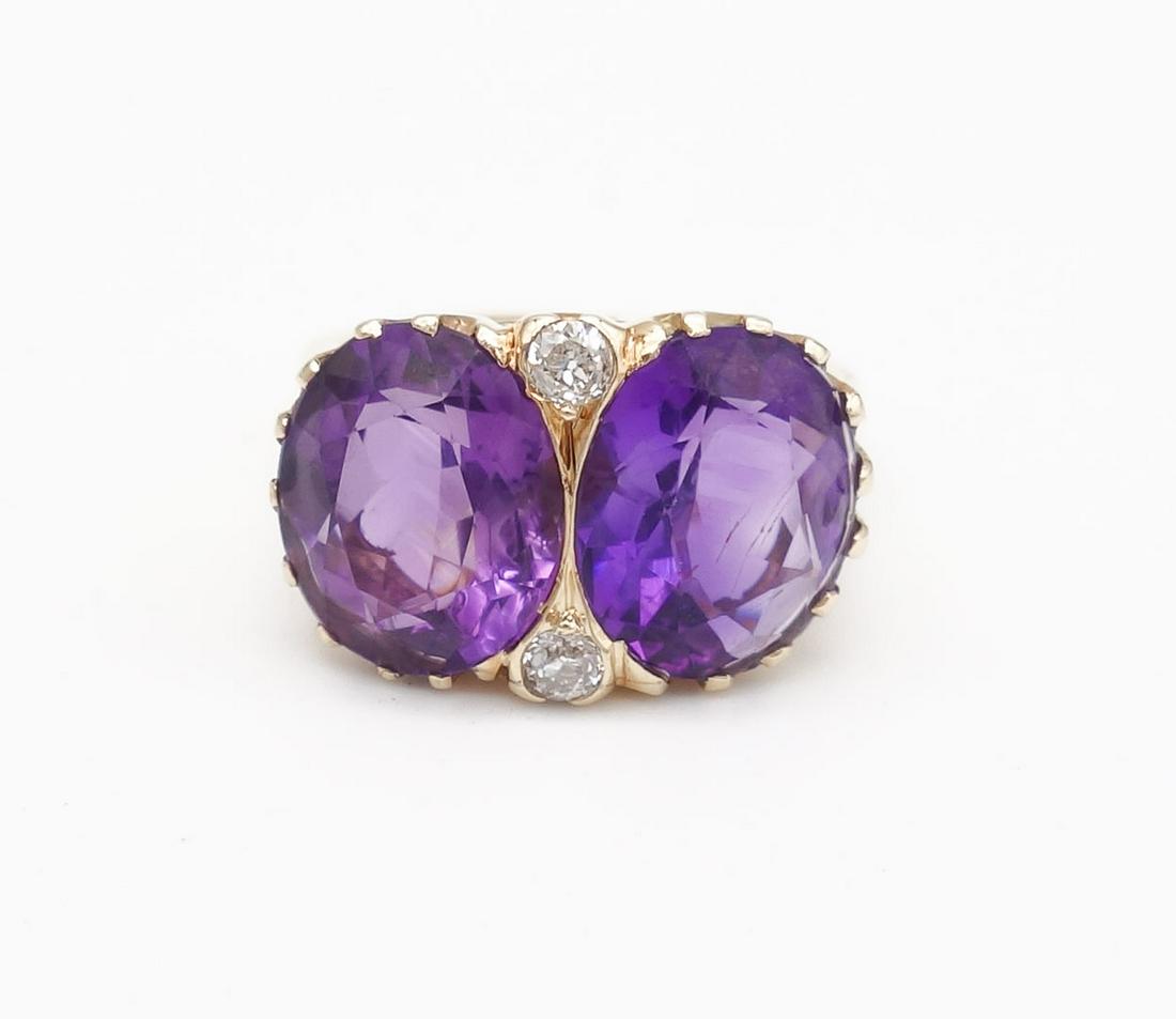 Antique c1900 14K Gold Double Amethyst Diamond Ring Size 6.75 (1 of 6)