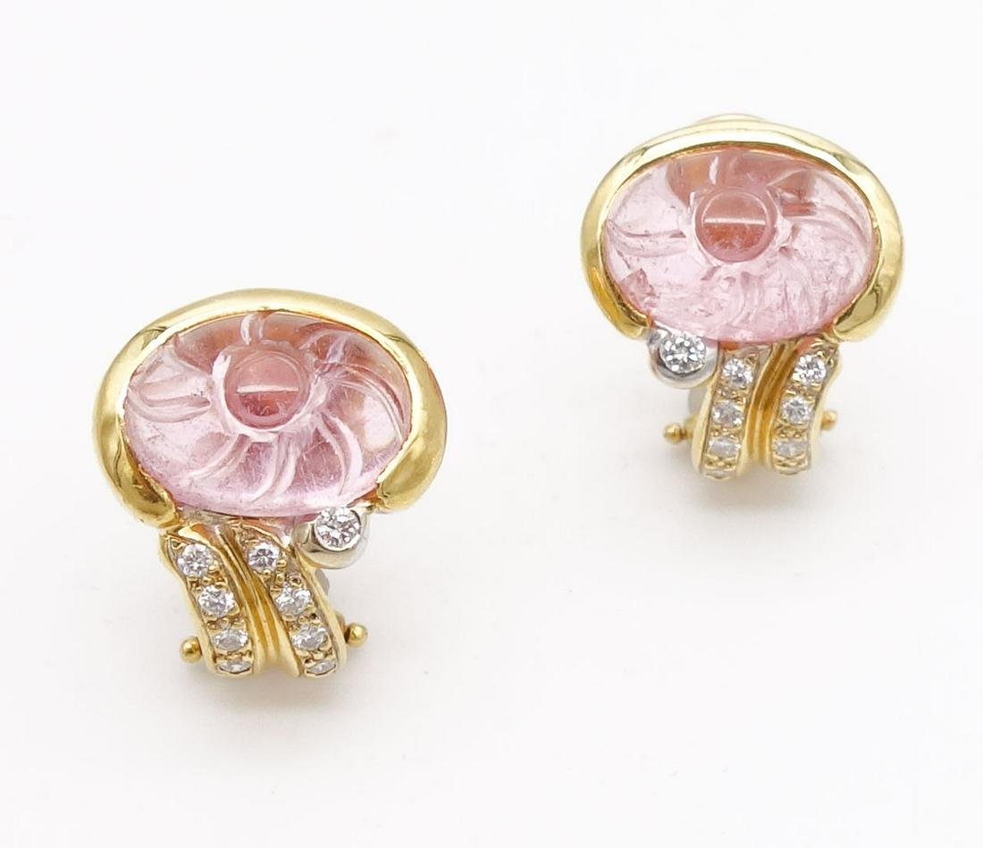 Vintage Manfredi 18K Gold Carved Pink Tourmaline Diamond Hinged Omega Post Earrings (1 of 5)