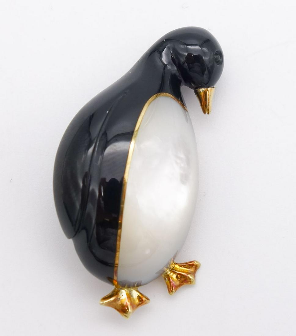 Vintage Tiffany 18K Gold Penguin Black Jade MOP Brooch Pin w Orig Pouch and Box (1 of 3)