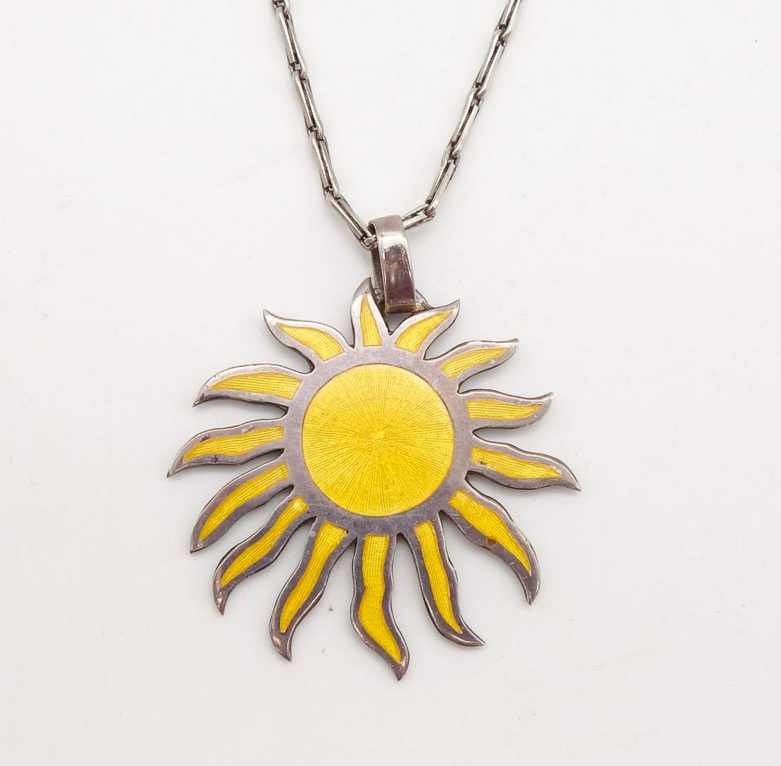 Vintage MCM Italian Sterling Silver Yellow Guilloche Enamel Sunburst Pendant Necklace (1 of 3)