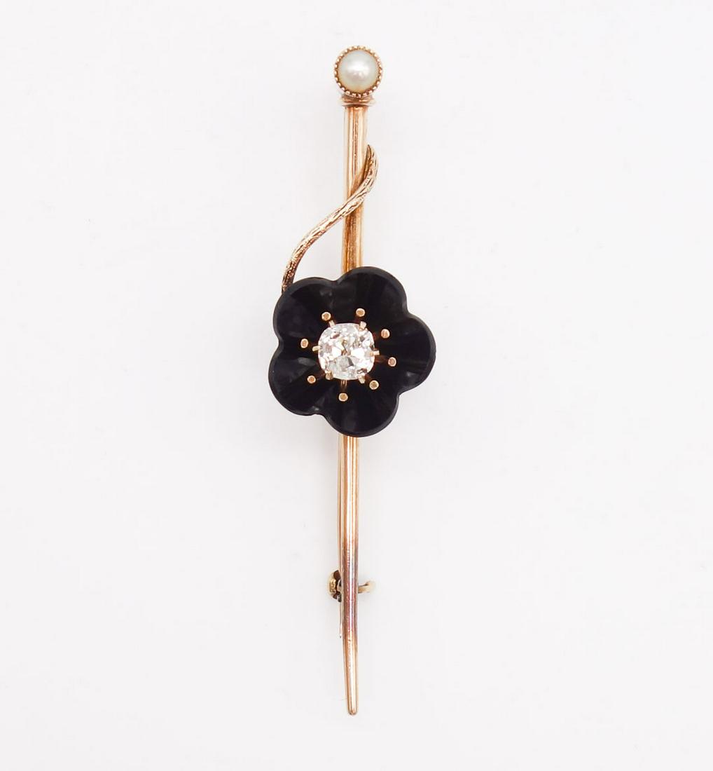 Antique Victorian 14K Gold Onyx Flower Diamond Pearl Bar Brooch (1 of 3)