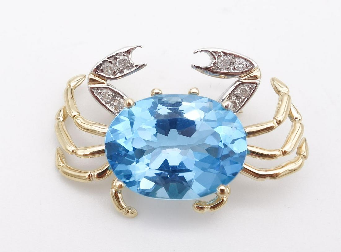 Vintage 14K Gold Diamond Blue Topaz Crab Brooch Pin (1 of 2)