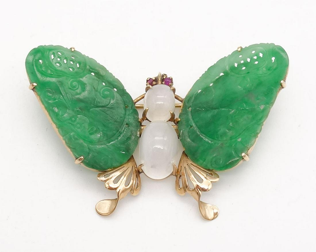 Vintage 14K Gold Cat's Eye Moonstone Butterfly Brooch with Carved Pierce Jadeite Wings (1 of 4)