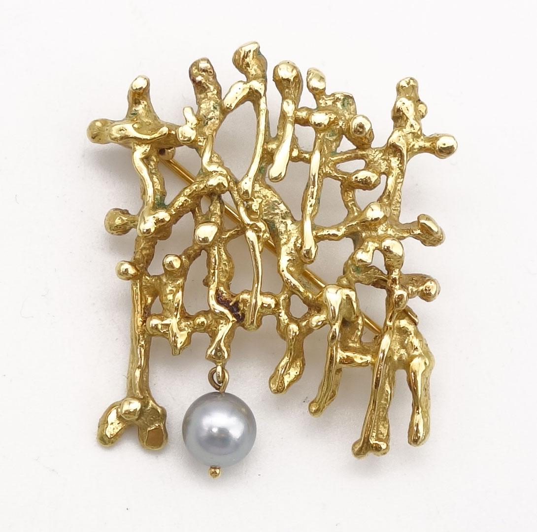 Vintage Modernist Biomorphic 18K Gold Dangling Pearl Brooch Pin (1 of 3)