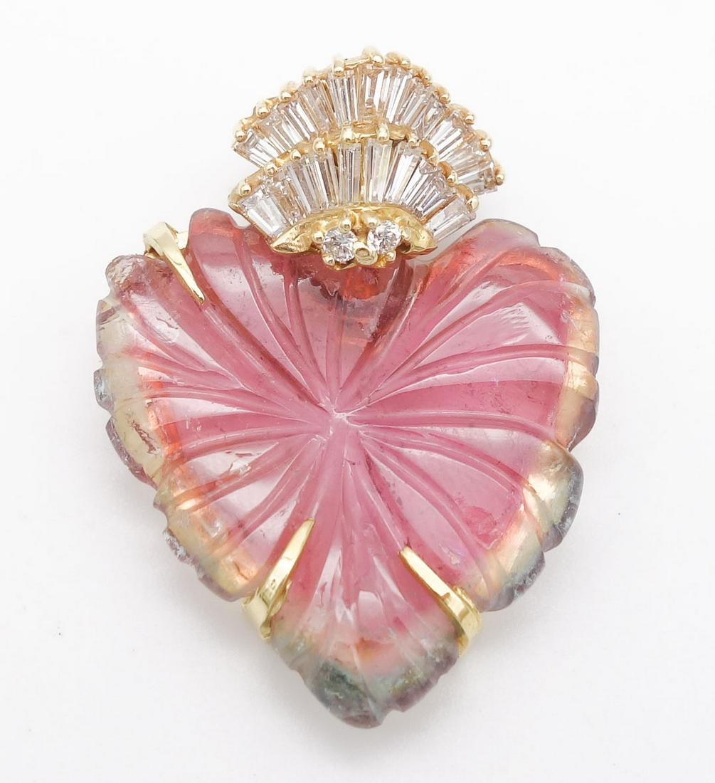 Vintage 14K Gold Watermelon Tourmaline Diamond Crown Heart Pendant (1 of 3)