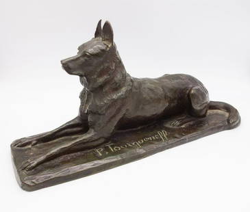 Antique French Bronze Sculpture German Shepherd Dog P. Tourgueneff Susse Bros Foundry: This is an exquisite lost-wax model of a resting German shepherd cast by the Susse brothers foundry. It is a very attractive representation of the proud canine. The dog's eyes are bright and alert and