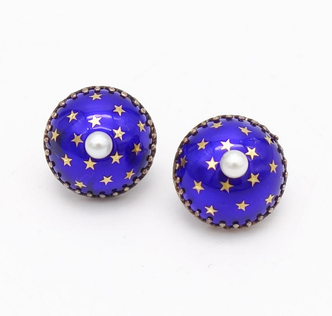 Vintage Pair French 14K Gold Cobalt Blue Enamel Starry Night Pearl Dome Earrings (1 of 4)
