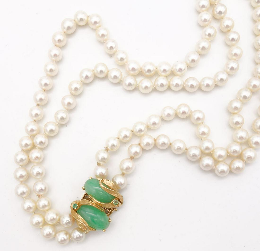 Vintage 14K Gold Jadeite 7-7.7mmm Pearl Double Strand Necklace (1 of 6)