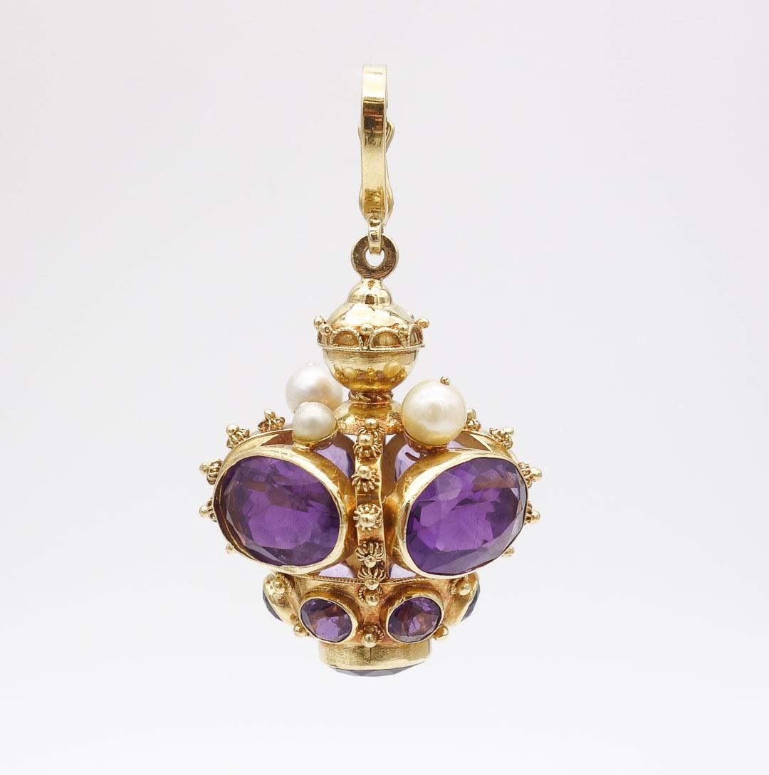 Vintage Large Italian 18K Gold Mid Century Amethyst Pearl Crown Charm Fob (1 of 8)