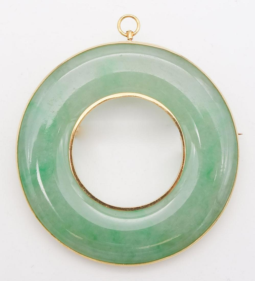 Vintage Large 14K Gold Green Jadeite Bi Disc Brooch Pin (1 of 7)