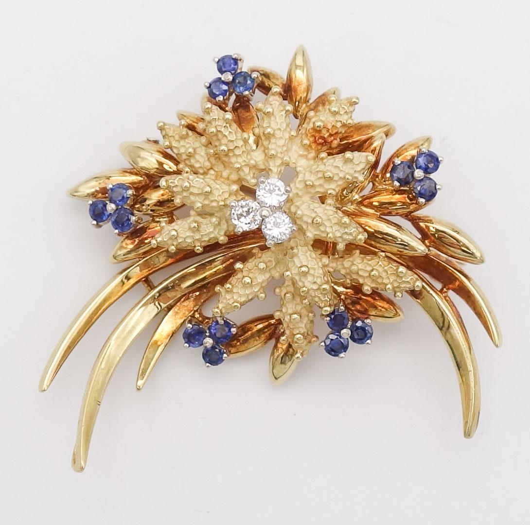 Vintage French 18K Gold Diamond Sapphire Mid Century Brooch Pin (1 of 4)