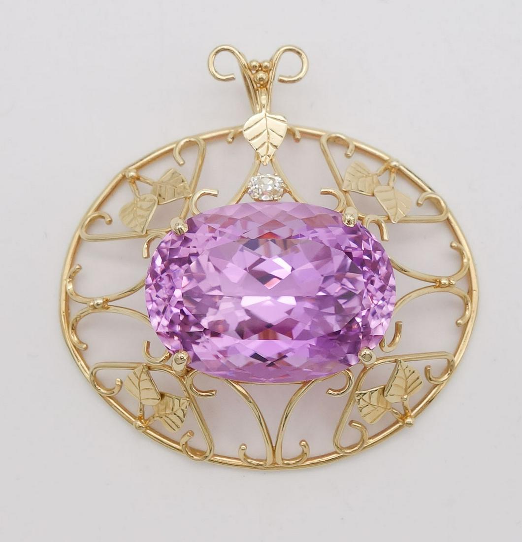 Vintage 122Ct Vivid Pink Kunzite Diamond 18K Foliate Filigree Necklace Pendant (1 of 7)