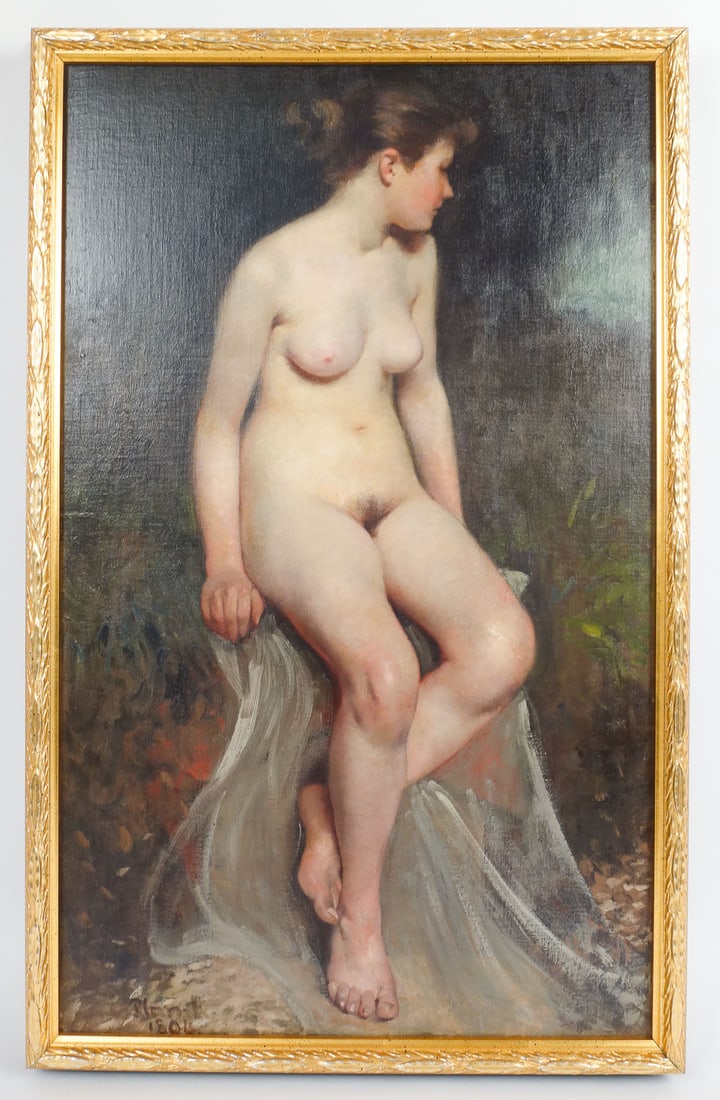 Original Signed Willy Planck Painting of Nude Maiden 1894: This is an original oil painting on canvas of a nude in a natural setting by well-listed Willy Planck (German, 1870-1956). Signed lower left and dated for 1894. The frame is 39 x 24 3/4" and the sight