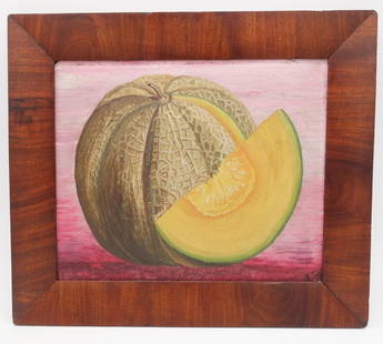 19c American Folk Art Painting of Melon Signed: This is a19th century American folk art still life painting on board featuring a melon with a large slice resting on the fruit. Signed with the initials "JBS" and dated '93. The frame is 12 1/4 x 10