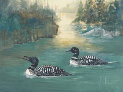 Original Signed Douglas Howland Painting Two Loons on Woodland Lake: This is an original signed watercolor painting by Douglas Howland (American, 1920-1999). Howland attended the Rochester Institute of Technology and graduated in 1941 with a Fine Arts degree. He