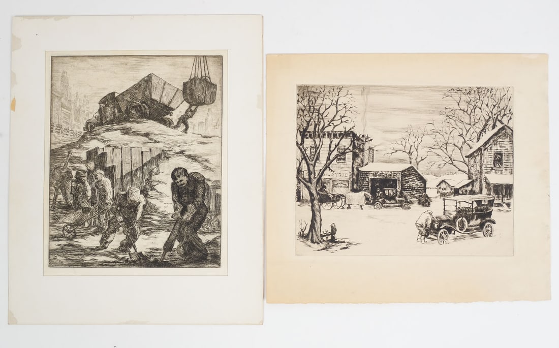 Edmond Mario Granville Lot of 2 Etchings incl Snowy Town Scene and NYC Construction Site (1 of 6)
