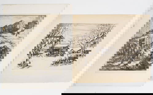 Edmond Mario Granville Lot of 2 Etchings incl Snowy Town Scene and NYC Construction Site: This is a vintage lot of two etchings by well-listed artist Edmond Mario Granville (American, Chicago 1905-1969). Granville spent much of his career working in New York City and produced artwork for