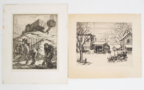 Edmond Mario Granville Lot of 2 Etchings incl Snowy Town Scene and NYC Construction Site: This is a vintage lot of two etchings by well-listed artist Edmond Mario Granville (American, Chicago 1905-1969). Granville spent much of his career working in New York City and produced artwork for