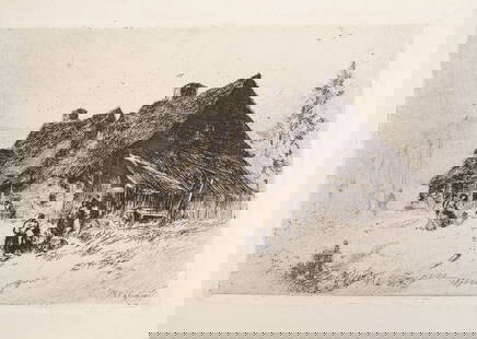 John Mackie Falconer Etching African American Huts Wilmington, North Carolina: This is an etching of African American huts in Wilmington, North Carolina by well-listed artist John Mackie Falconer (Scottish-American, 1820-1903). Falconer was born in Edinburgh and emigrated to