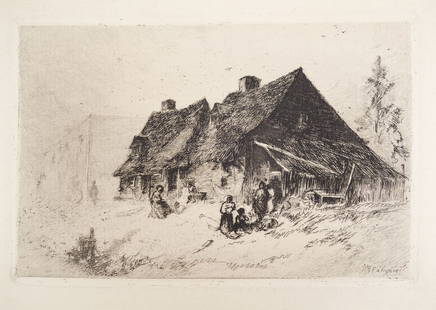 John Mackie Falconer Etching African American Huts Wilmington, North Carolina: This is an etching of African American huts in Wilmington, North Carolina by well-listed artist John Mackie Falconer (Scottish-American, 1820-1903). Falconer was born in Edinburgh and emigrated to