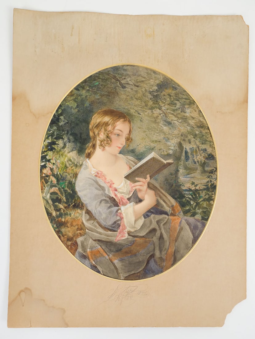Signed 1856 Watercolor Painting of Young Girl Reading (1 of 4)