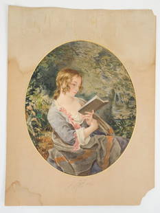 Signed 1856 Watercolor Painting of Young Girl Reading: This is a signed original watercolor painting featuring a young girl reading a book in a verdant landscape. Signed on the mat. The mat is 18 1/2 x 14". The oval sight is 12 3/4 x 10 1/2".