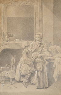 Antique 18c Old Master Mother and Son Interior Scene Drawing: This is an antique Old Master original drawing of an interior scene featuring a mother and young son. On laid watermarked paper. The mat is 17 3/4 x 13 3/8" with a sight of 12 3/4 x 8 1/8". The