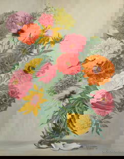 Signed Spurgeon Tucker Still Life Floral Arrangement Oil Painting 1966: This is an elegant original still life oil painting on canvas of a floral arrangement by Spurgeon Tucker (Canadian-American, 1884-1968). Tucker was a painter and successful lithographer. He was
