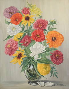 Signed Spurgeon Tucker Still Life Floral Arrangement Oil Painting 1966: This is an elegant original still life oil painting on canvas of a floral arrangement by Spurgeon Tucker (Canadian-American, 1884-1968). Tucker was a painter and successful lithographer. He was