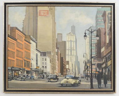 Spurgeon Tucker New York City Streetscape Oil Painting: This is a New York City streetscape by Spurgeon Tucker (Canadian-American, 1884-1968). Tucker was a painter and successful lithographer. He was primarily known for his portraits of Hollywood