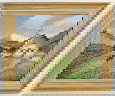 Signed Ottorino Campagnari Oil Painting Italian Village Chapel in Mountain Landscape w COA: This is an original oil painting of an Italian village chapel nestled in the foothills of snow capped mountains by artist Ottorino Campagnari (Italian, 1901-1985). Signed lower right. Per the