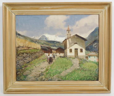 Signed Ottorino Campagnari Oil Painting Italian Village Chapel in Mountain Landscape w COA: This is an original oil painting of an Italian village chapel nestled in the foothills of snow capped mountains by artist Ottorino Campagnari (Italian, 1901-1985). Signed lower right. Per the