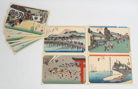 Hiroshige Fifty-three Stations of the Tokaido Lot of 14 Japanese Ukiyo-e Woodblock Prints: This is a group of 14 of the series "Fifty-three Stations of the Tokaido" woodblock prints by Utagawa Hiroshige (Japan, 1797-1858). Hiroshige created the series after he first travelled along the Toka