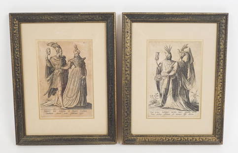 Antique Lot of 2 Old Master Robert Boissard after Jean Jacques Boissard Mascarades Folio 1597: This is a lot of two Old Master prints by Robert Boissard (French, b.1570) after Jean Jacques Boissard (French, 1533-1598) from the Mascarades Folio first published in 1597. Each frame is 13 1/2 x 10