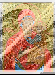 Greek Blessed Mother Fast Answers Panagia Mosaic Icon Ikon: This is a 20th century Greek mosaic of the Blessed Mother and Child. Commonly know as Panagia, She Who is Quick to Hear. 27 x 20 x 1"