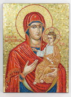 Greek Blessed Mother Fast Answers Panagia Mosaic Icon Ikon: This is a 20th century Greek mosaic of the Blessed Mother and Child. Commonly know as Panagia, She Who is Quick to Hear. 27 x 20 x 1"