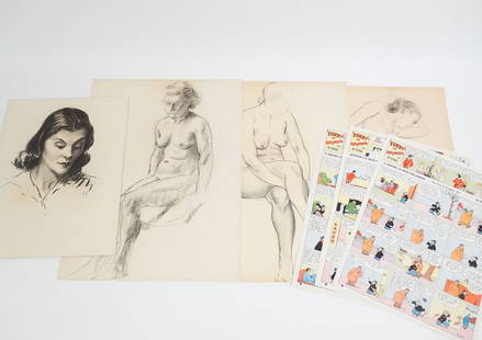 Orig Pop Momand Grp 4 Drawings Portrait Nudes, 3 Comic Strip Page Proofs, Keeping up w the Joneses: This is an original group of drawings and comic strip proofs by Pop Momand (nee Arthur Ragland)(American, 1887-1987). Momand was a cartoonist best known for his comic strips Keeping Up with the