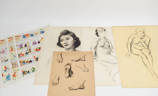 Orig Pop Momand Grp 4 Drawings Portrait Nudes, 3 Comic Strip Page Proofs, Keeping up w the Joneses: This is an original group of drawings and comic strip proofs by Pop Momand (nee Arthur Ragland)(American, 1887-1987). Momand was a cartoonist best known for his comic strips Keeping Up with the